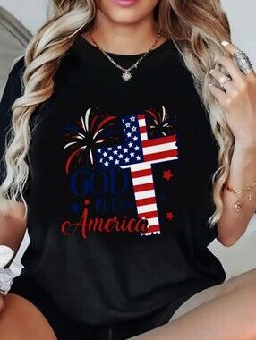 Women's God Bless America Flag Cross Graphic Tee - Black